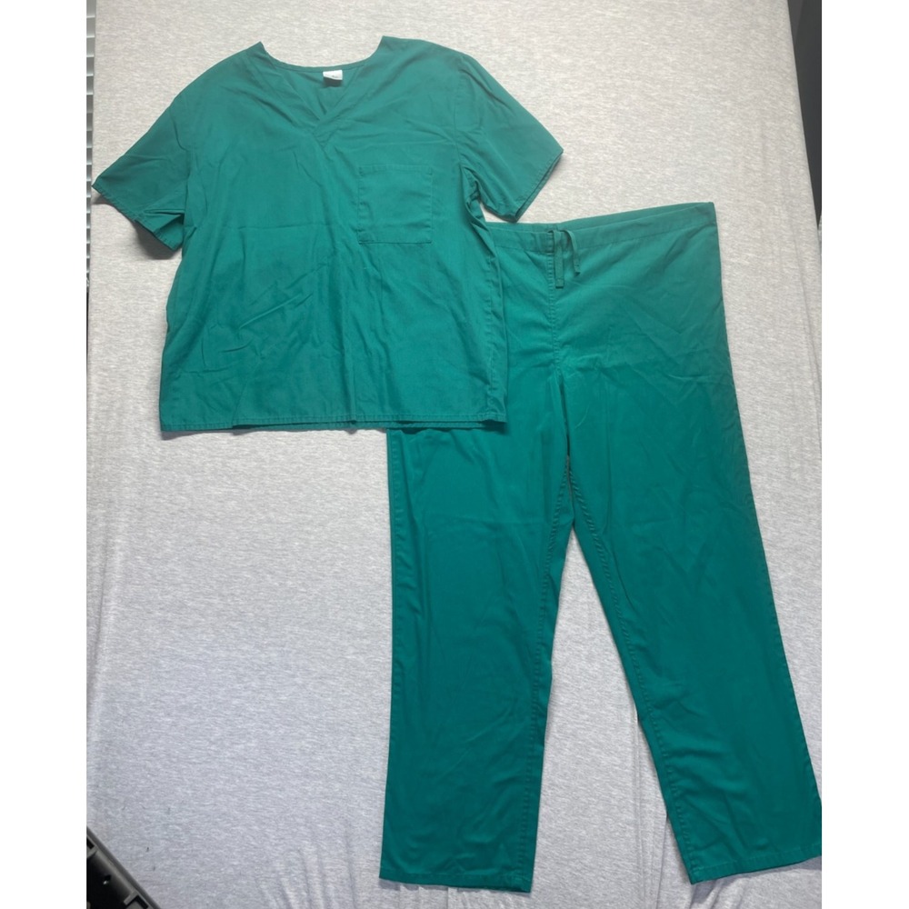 Unisex Top and Pant Nursing Scrub Set M‎ Hunter Green V Neck Drawstring Medical